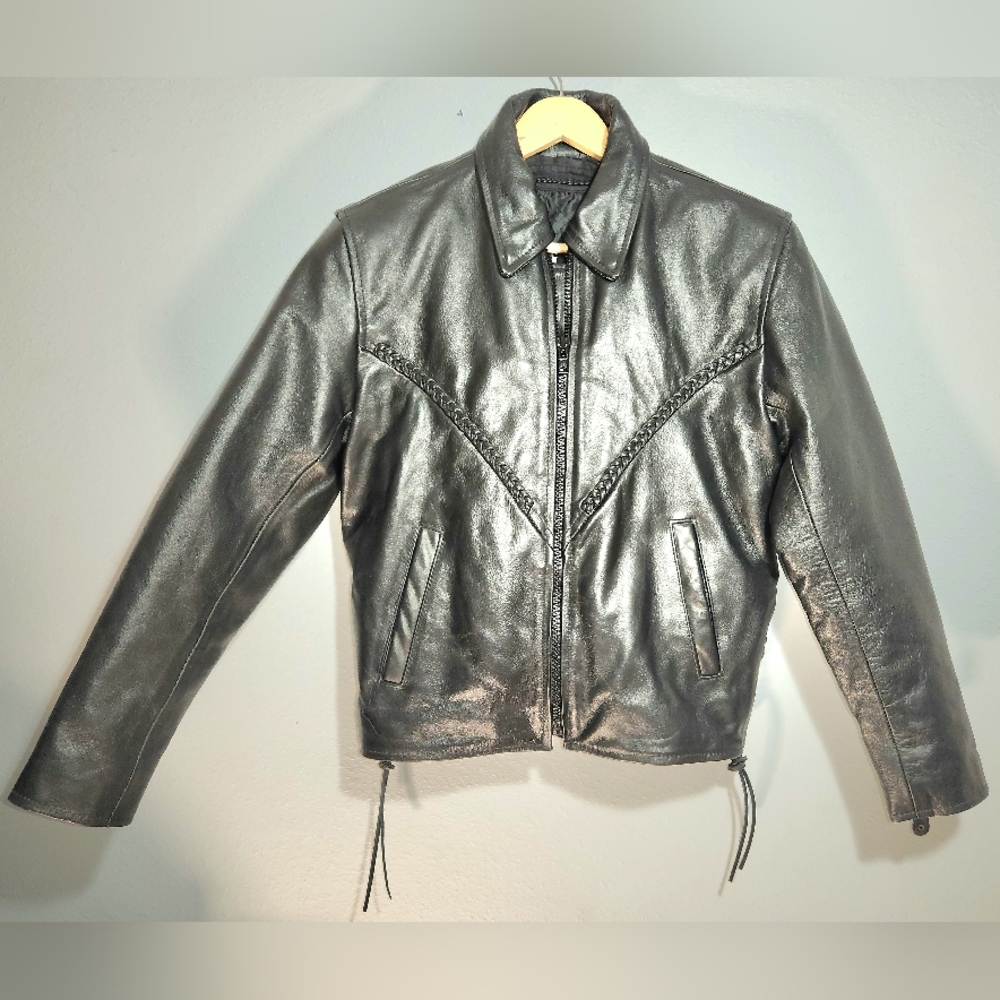 Leather King Leather Biker Moto Jacket Medium Black ZipOut Liner Braided Lace Up